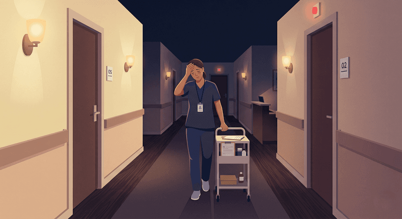 Illustration d'un préposé épuisé lors d'une ronde de nuit