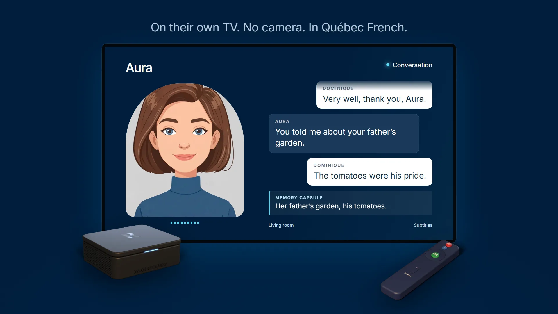 Aura product film: a conversation on the TV, the remote, the sensor by the light switch, then the reservation.