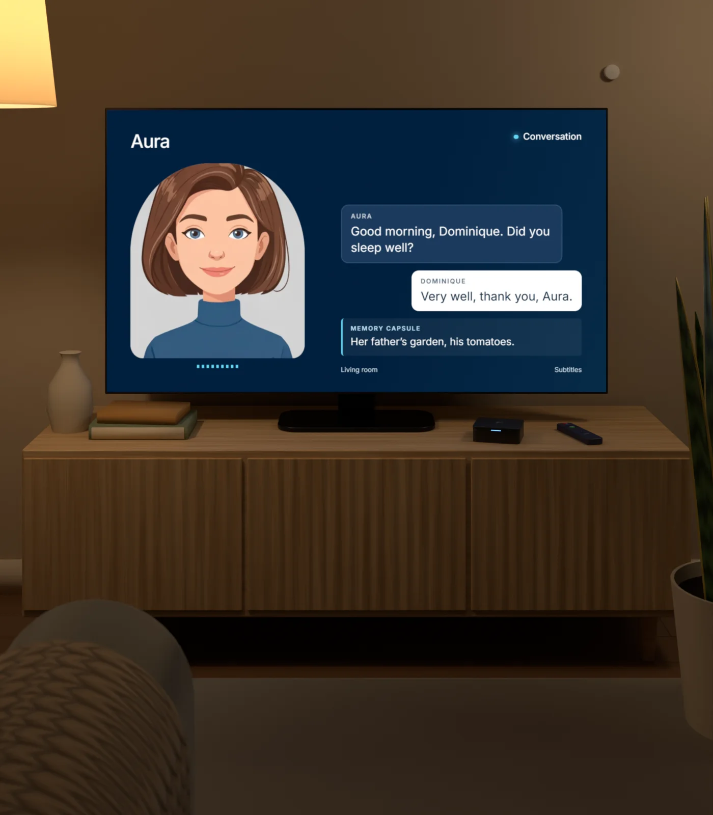 A warm living room: the television shows Aura, with the hub and remote on the cabinet.