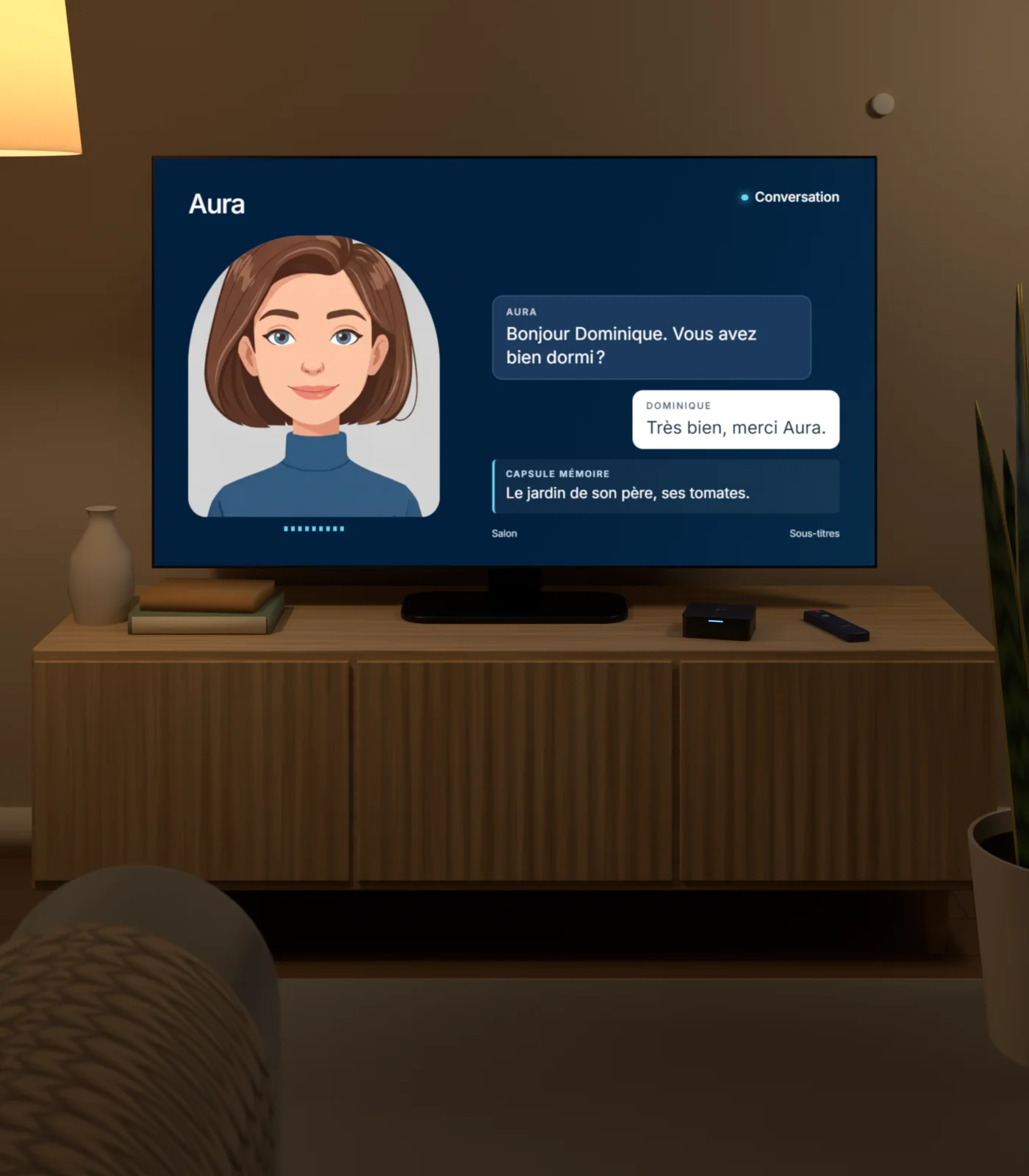 Un salon chaleureux : la télévision affiche Aura, le boîtier et la télécommande sont posés sur le meuble.
